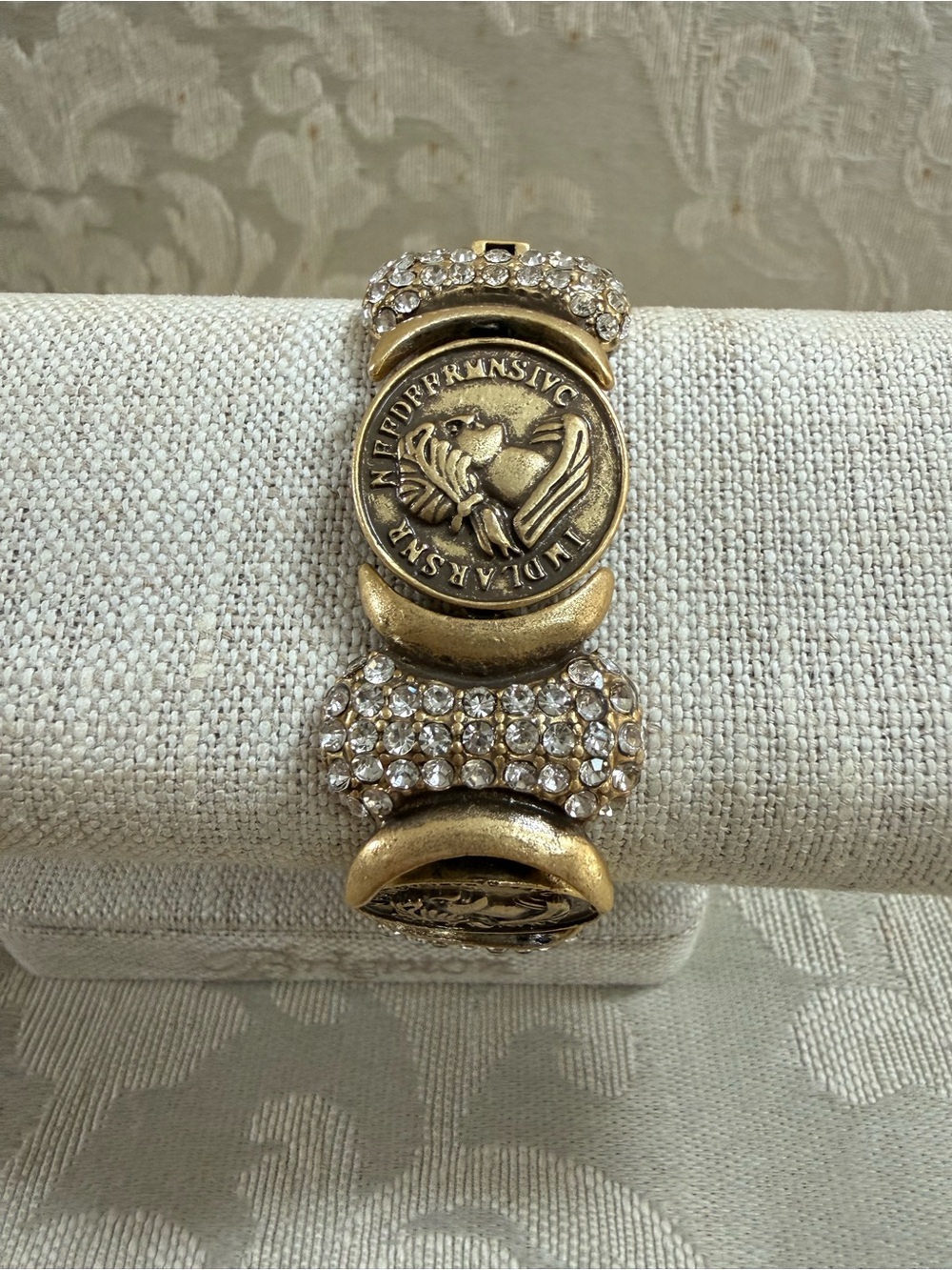 Vintage Roman Coin Link Bracelet with rhinestone Accents